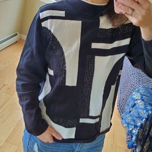 Alfred Dunner modern block print black and white bejeweled mockneck sweater